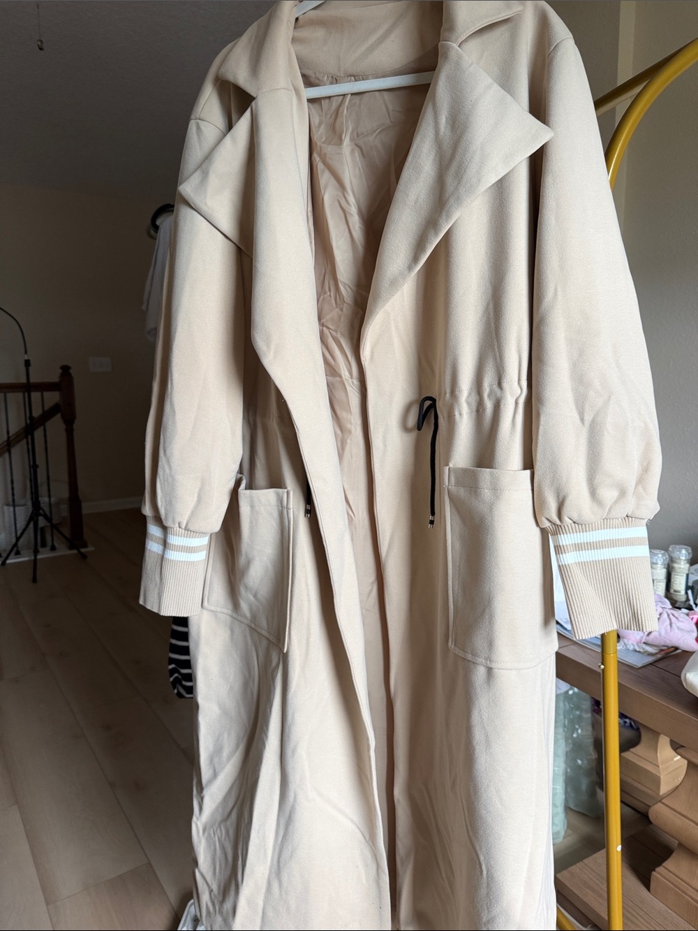 Women's Longline Beige Trench Coat with Drawstring Waist